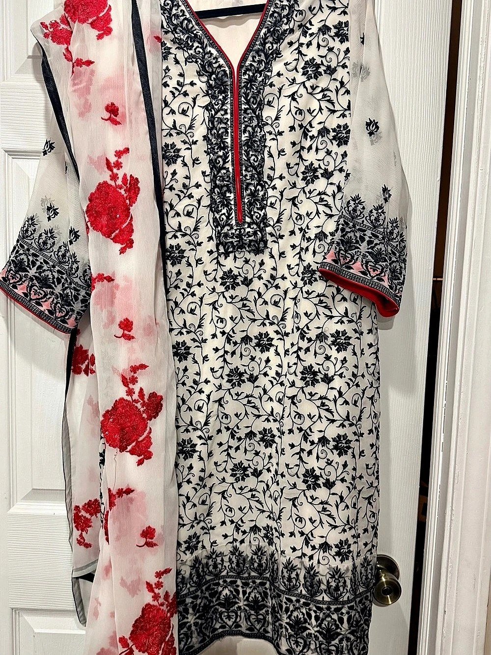 Pakistani white red n black heavily Embroidered outfit with embroidered dupatta